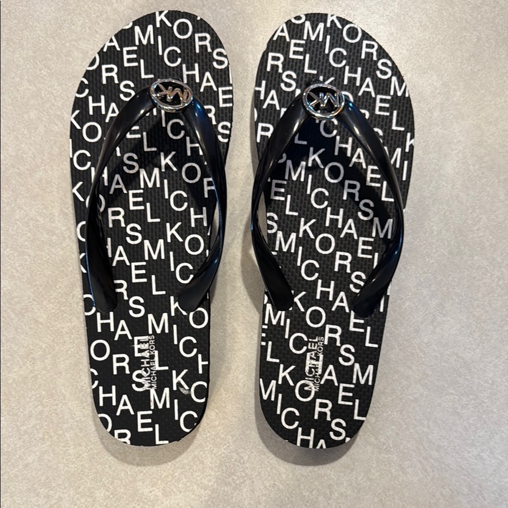 Michael Kors Black and White Logo Flip Flops